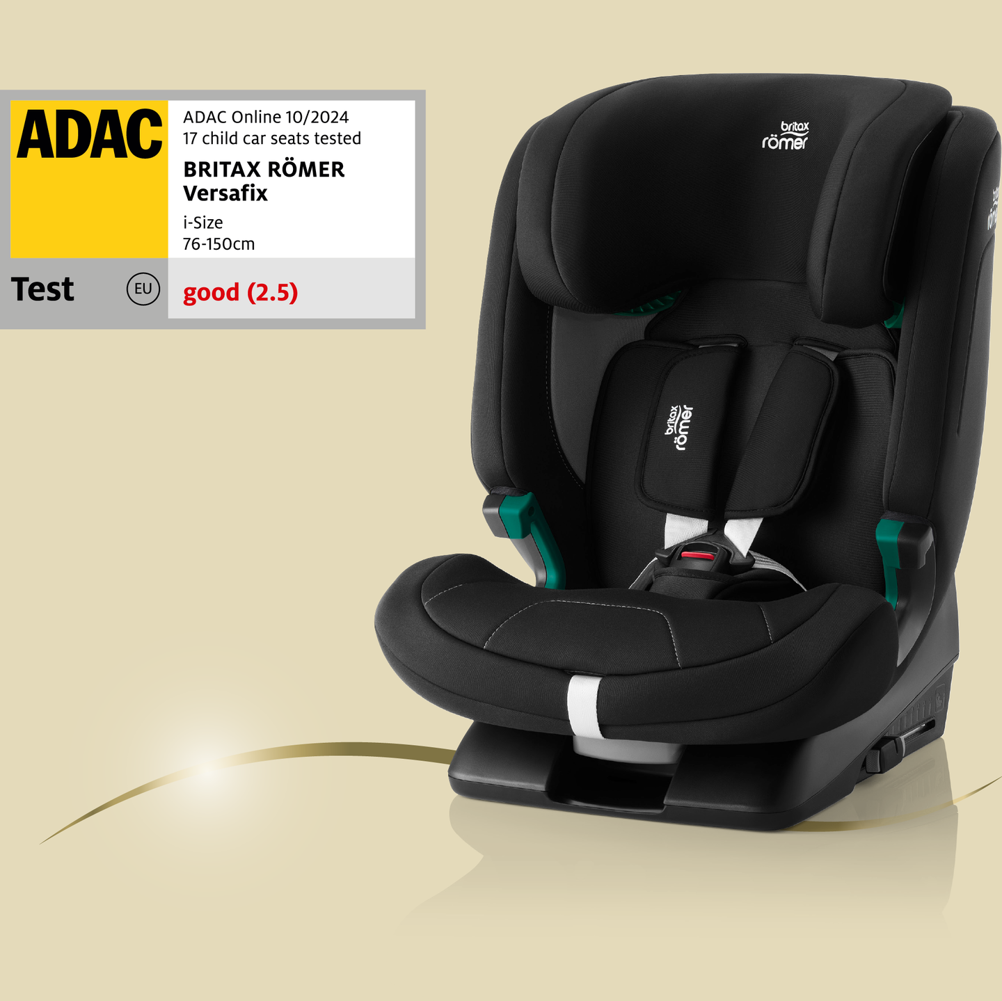 Britax R&ouml;mer combination car seat VERSAFIX; next to it, an ADAC test label with rating good (2.5).