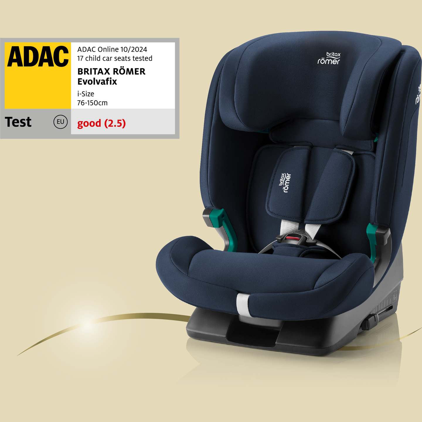 Britax R&ouml;mer combination car seat EVOLVAFIX; next to it, an ADAC test label with rating good (2.5).